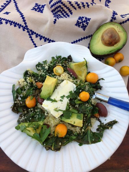 Post image for Couscous with Fresh Mustard Greens, Avocado and Feta