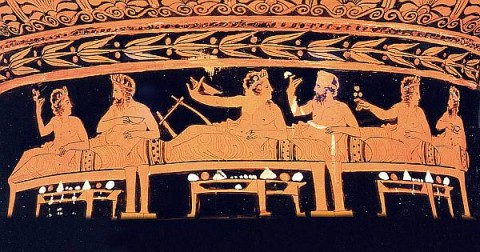 Athens, GREECE:  TO GO WITH AFP STORY GREECE-ARCHAEOLOGY-HISTORY-FOOD An ancient Greek symposium scene, depicted on a 390 BC vessel on display at the J. Paul Getty Museum in Los Angeles, is shown in this photo provided by the Greek culture ministry. This weekend, visitors to dozens of Greek museums will be able to sample a taste of antiquity in a series of exhibitions on dietary habits from 3,000 years ago to the modern age. AFP PHOTO / HO / CULTURE MINISTRY  (Photo credit should read -/AFP/Getty Images)