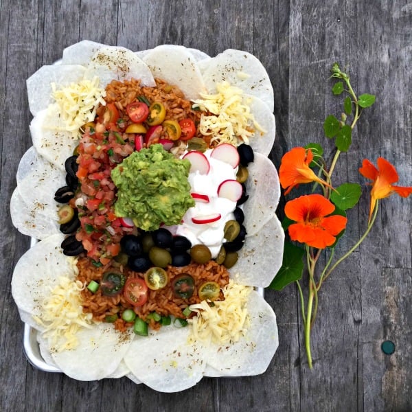 Post image for Jicama Nachos with Rice, Beans and Pickled Radish