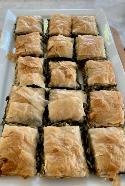 Freshly made phyllo spanakopita.