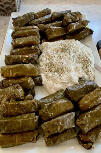 Greek Stuffed Grape Leaves with Yogurt Sauce