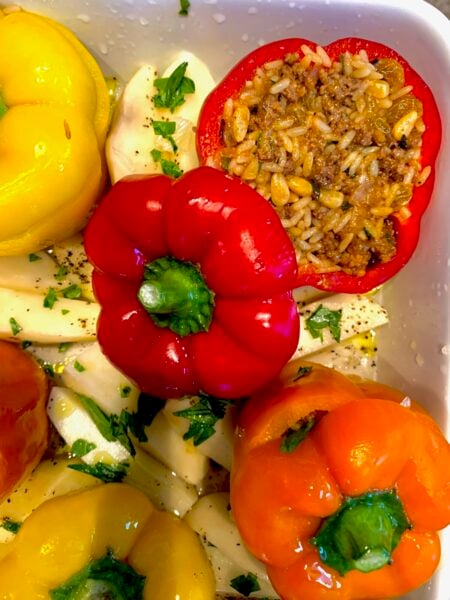 Greek Stuffed Peppers with Meat and Rice